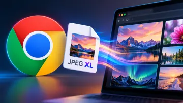 A futuristic illustration showing the Google Chrome logo beside a JPEG XL file with colorful light t