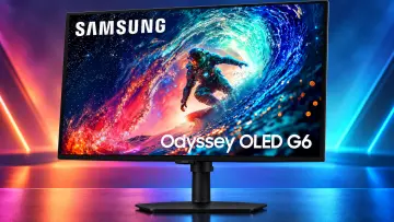 Samsung 27-inch Odyssey OLED G6 G61SH gaming monitor displayed against a vibrant blue and pink futur