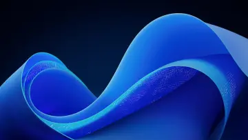 Abstract blue ribbons swirling on a dark background resembling the Windows 11 default wallpaper