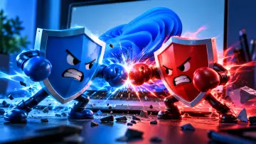 Two angry blue and red cybersecurity shields wearing boxing gloves clash in front of a Windows 11-st