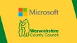 Microsoft and Warwickshire County Council logos on a yellow background with green diagonal accents