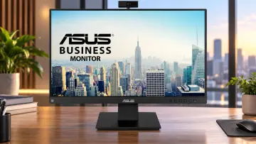 ASUS BE24EQK business monitor with a built-in webcam displaying the ASUS Business Monitor logo and a