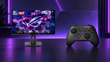 ASUS ROG XG27ACDNG gaming monitor and Raikiri II controller displayed on a desk in a neon purple-lit
